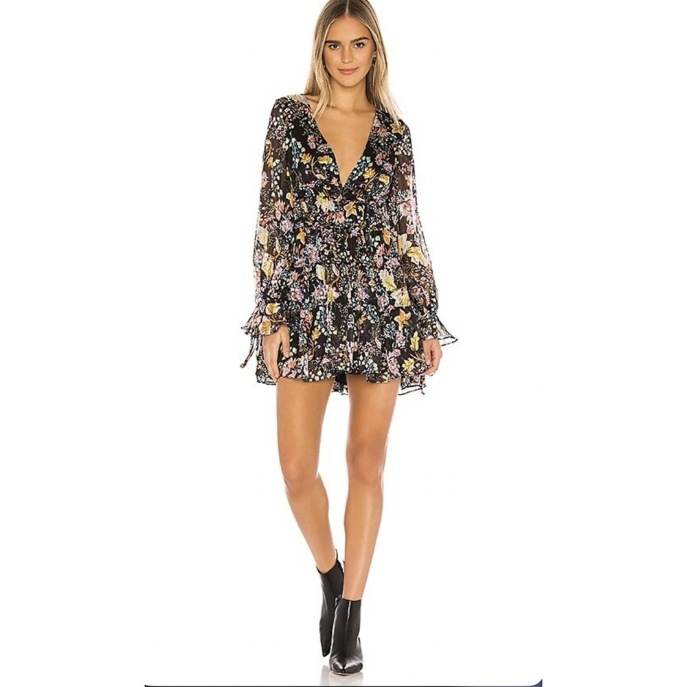 Free People Closer To The Heart Dress XL Black Floral Tiered Ruffle Boho Mini